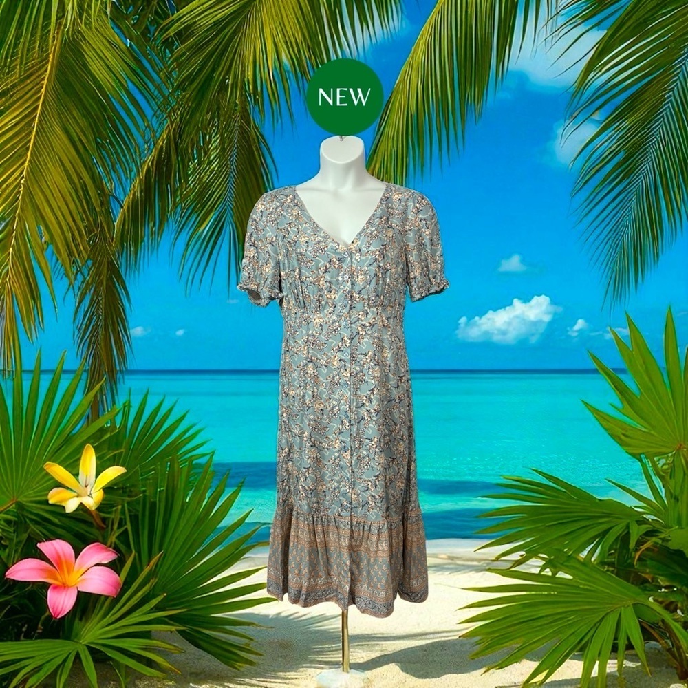 Blumind, Floral Midi Dress, Large, Blue, White, Brown